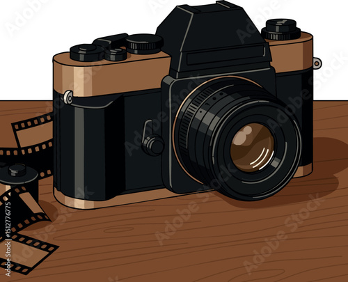 Vintage camera with film strip on wooden table vector illustration classic photography equipment 