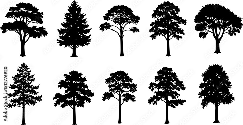 Fototapeta premium Tree Variety Collection in Simple Black Silhouette Vector Style, Isolated on White Background — Perfect for Nature, Landscape, and Outdoor-Themed Design Projects
