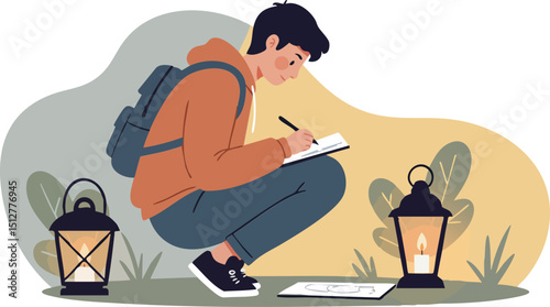 Young man sketching outdoors with lanterns in evening light nature scene vector illustration 