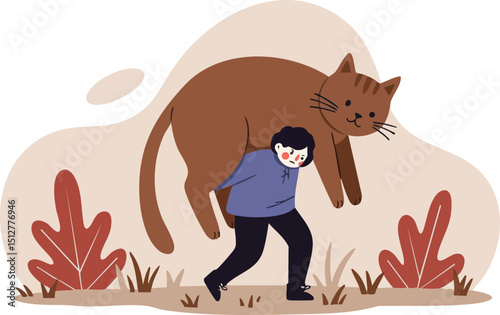 Boy Carrying Large Cat on Shoulders Cute Animal Friendship Vector Illustration 