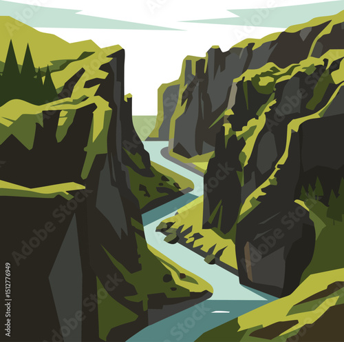 Mountain river flowing through rocky green canyon landscape natural scenery vector illustration 