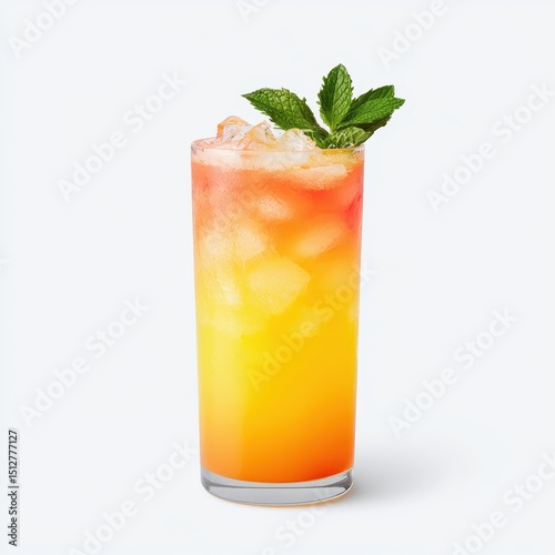 Tall glass filled with a layered, two-toned orange and yellow cocktail, garnished with fresh mint and ice