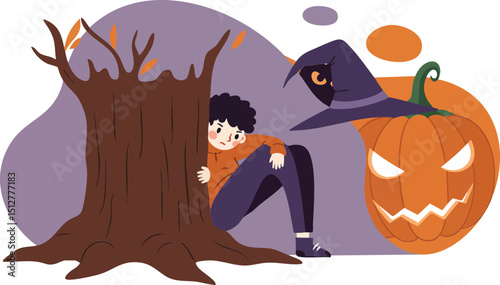 Halloween child playing hide and seek behind tree with spooky pumpkin and witch hat vector illustration 