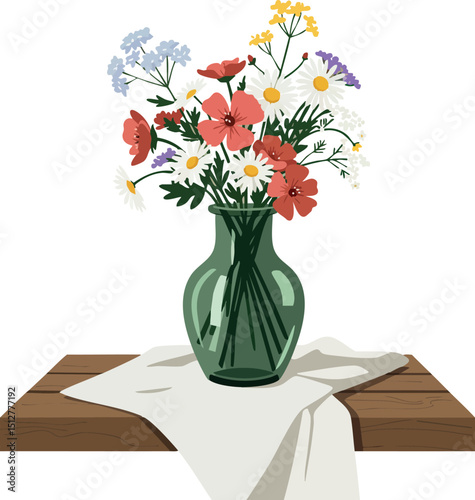 Wildflower bouquet in green glass vase on wooden table with white cloth vector illustration 