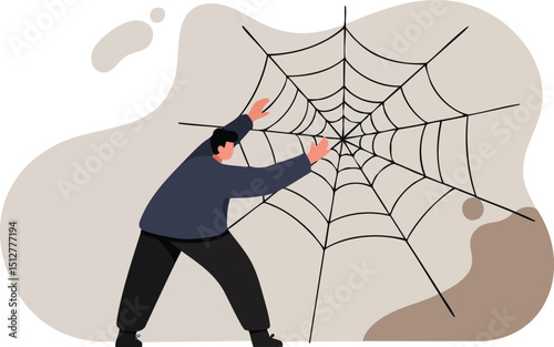 Man Creating Large Spider Web Vector Illustration Showing Creativity and Connection in Network Concept 