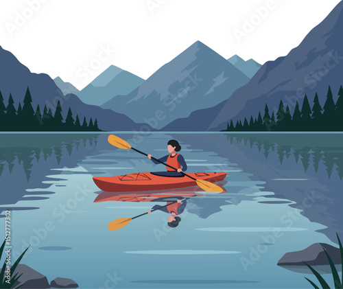 Woman kayaking on calm lake surrounded by mountains and pine trees vector illustration 