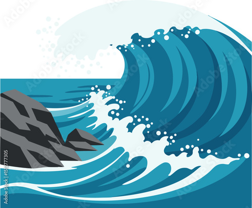 Ocean wave crashing against rocky shore in vibrant blue sea vector illustration 