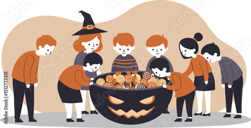 Group of children in Halloween costumes gathering around a large pumpkin bucket filled with candy in autumn setting 