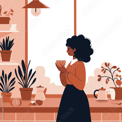 Woman enjoying coffee in cozy kitchen with plants and warm light vector illustration 