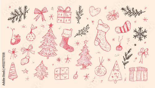 Hand-Drawn Christmas Elements Festive Ornaments, Trees, and Gifts for Holiday Designs