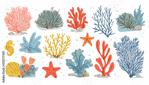 Vibrant Coral Reef and Seaweed Illustration Set Hand-Drawn Underwater Elements