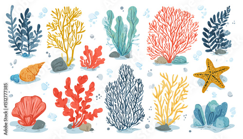 Vibrant Underwater Scene Collection of Hand-Drawn Coral and Seaweed Illustrations