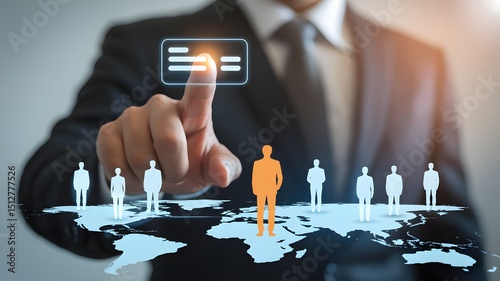 Businessman Selecting Candidate On Global Map Interface Representing Recruitment Human Resources Talent Search And International Hiring