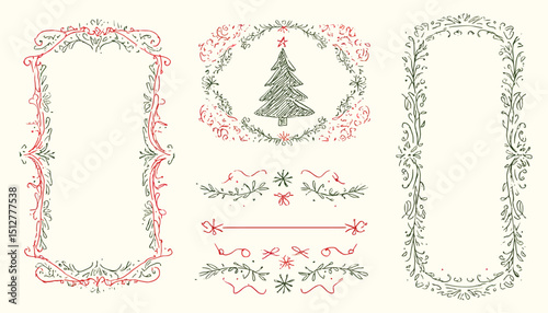 Hand-Drawn Christmas Doodle Frames, Wreaths, and Dividers Vintage Ink Illustrations