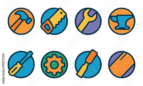 Craftsmanship flat icon set. workshop tools and diy badges for projects