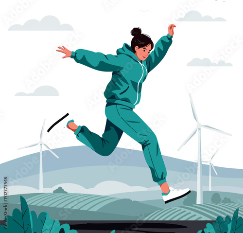 Woman in teal tracksuit jumping outdoors near wind turbines in landscape scene vector illustration 