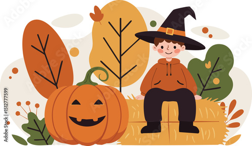 Child in Halloween Witch Costume Sitting on Hay with Jack-o-Lantern and Autumn Leaves Vector Illustration 