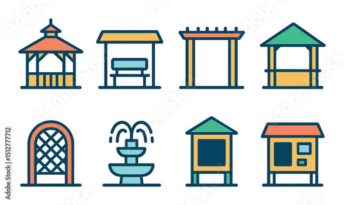 Park structures icon set: flat garden, outdoor, nature symbols