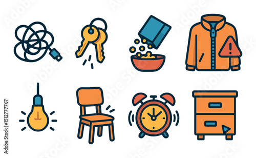 Everyday life flat icon set. daily essentials and household items symbols