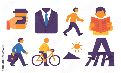 Morning commute icon set in flat style. work, travel, and transportation symbols