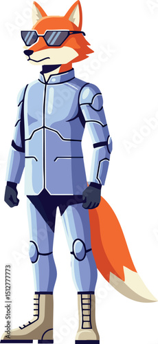Fox character in futuristic silver suit with sunglasses and boots vector illustration 