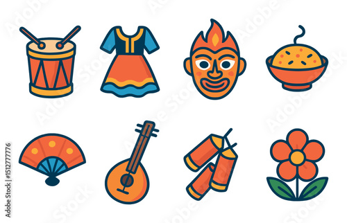 Cultural celebration flat icon set. festival, tradition, and festive styling symbols