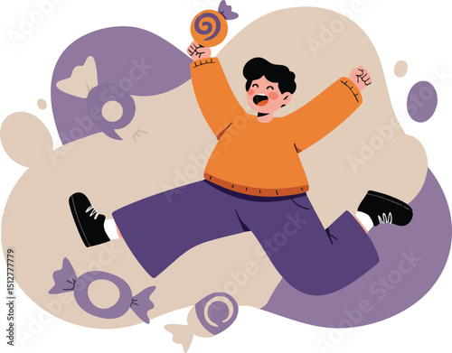 Child jumping joyfully with purple and beige candy background in playful illustration vector