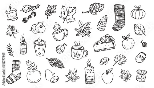 Hand-Drawn Autumn Doodle Set Leaves, Apples, Candles, and More