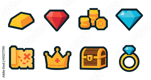 Treasure hunt icon set in flat style. adventure, discovery symbols for games