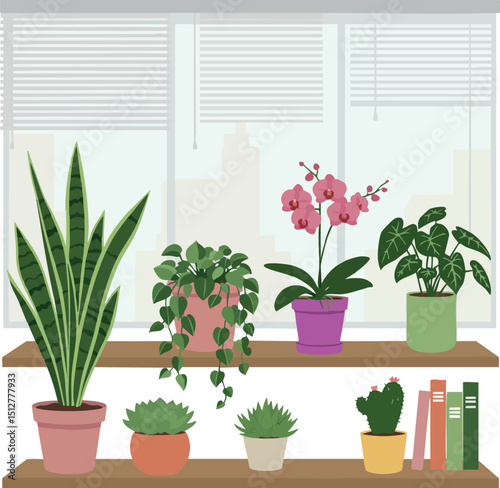 Indoor potted green plants and books on wooden shelves by window blinds vector illustration 