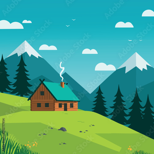 Mountain cabin with green hills and pine trees vector landscape illustration nature scene 
