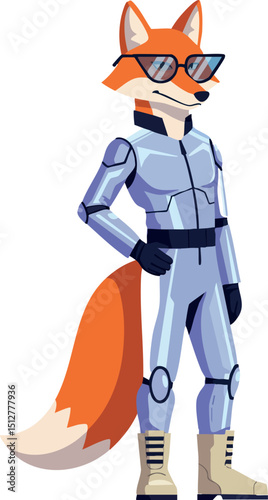 Fox character in futuristic silver suit with sunglasses and boots vector illustration 