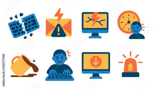 Work frustration icon set in flat style. stress and burnout symbols for office themes