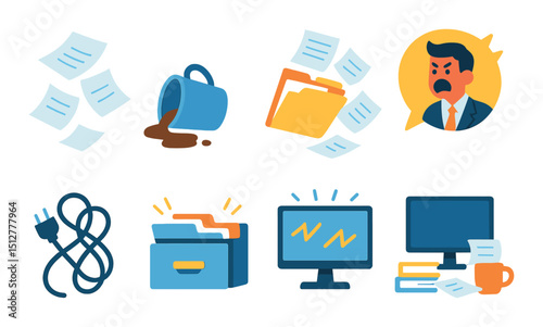 Office chaos flat icon set. workplace mess and organization challenges symbols