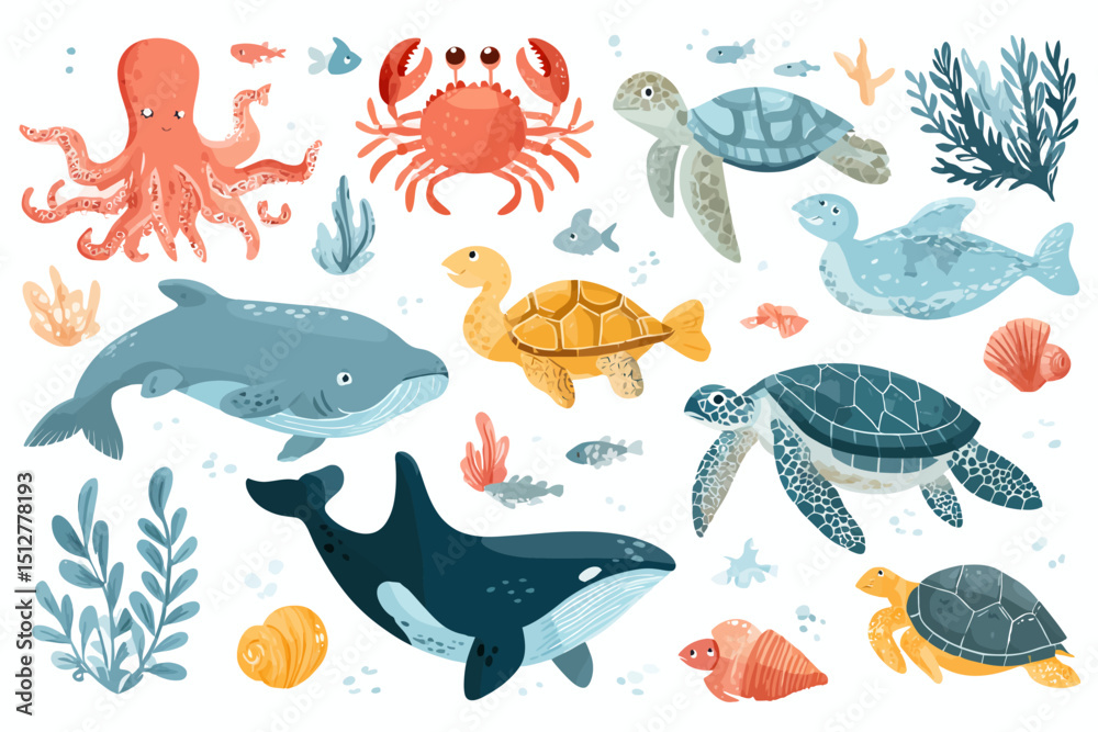 Naklejka premium Hand-Drawn Marine Life Illustrations Ocean Animals Set for Design Projects