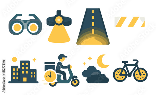 Night shift silhouette icon set. evening and dark mode symbols for work and commute