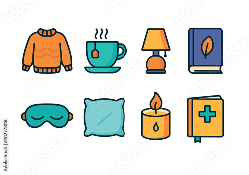 Cozy home flat icon set. comfort and relaxation symbols for wellness and leisure