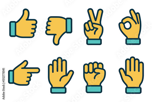 Basic hand signs icon set. flat style gestures and communication symbols