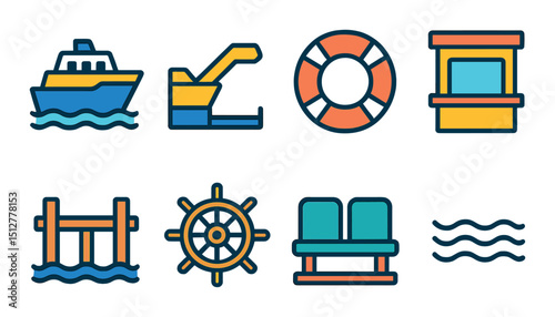 Ferry transport icon set in flat style. nautical and marine symbols collection