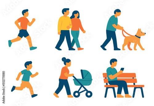 Park visitor flat icon set. outdoor activities and leisure symbols