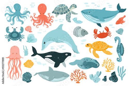 Hand-Drawn Marine Life Illustrations Ocean Animals Set