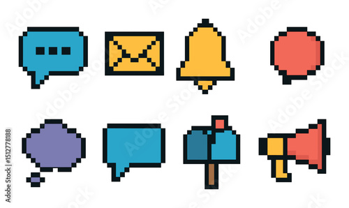 Pixel communication icon set in flat style. messaging and notification symbols