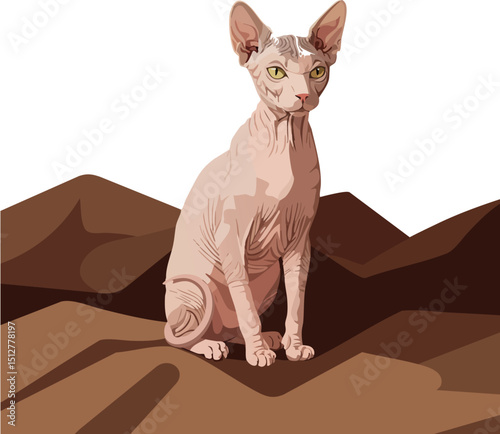 Sphynx Cat Sitting on Brown Mountain Landscape Vector Illustration with Yellow Eyes 