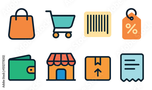Ecommerce flat icon set. shopping and retail symbols for business and online stores