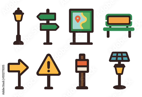 Park signage silhouette icon set. pathway and direction symbols for navigation