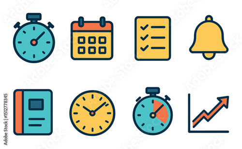 Time management flat icon set. productivity and planning symbols