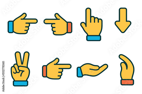 Directional gesture icon set in flat style. hand signs and navigation symbols