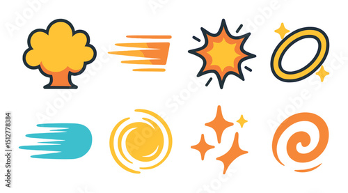 Comic action icon set in silhouette style. animated effects and dynamic symbols