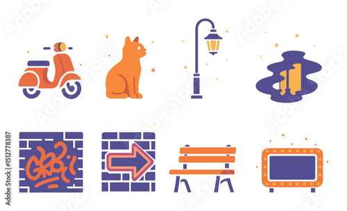 Vibrant night street icon set in flat style. urban symbols and nightlife elements