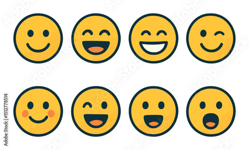 Happy face icon set in flat style. smiley and emoticon symbols for fun design